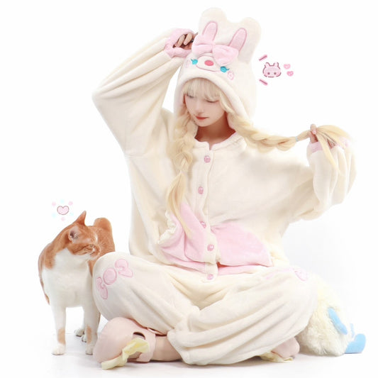 Maiden Park Rabbit Ears White Brown Coral Fleece Winter Pajamas Hooded Tops & Pants Two Piece