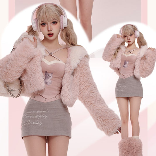 Serendipity Pink Cat Halter Neck Camisole & Gray Mini Skirt & Winter Pink Fur Jacket Three Piece Set - Sugarplum Store