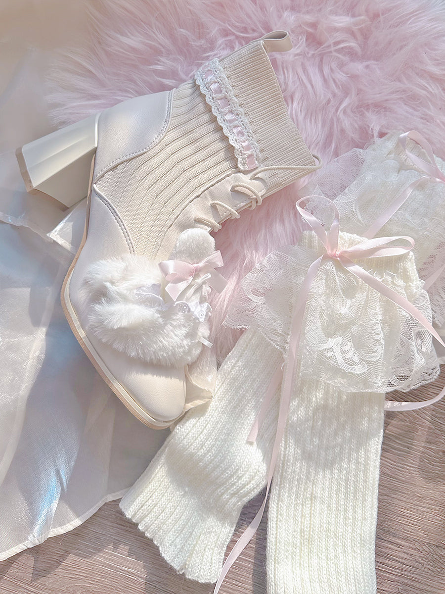 Rabbit Ears Plush Pearl Knit Coquette Winter Heels Boots & Lace Ballet ...