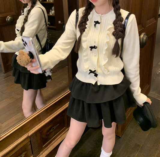 Coquette Princess Autumn Lace Bow Knit Black White Sweater - Sugarplum Store