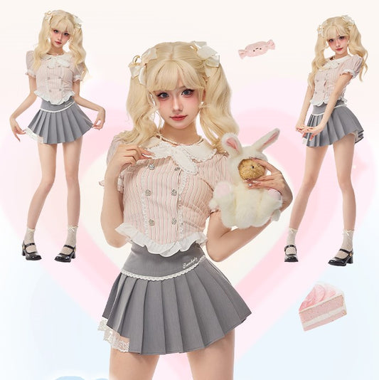 Serendipity Striped Pink Shirt Blouse & Gray Pleated Mini Skirt Two Piece Set - Sugarplum Store