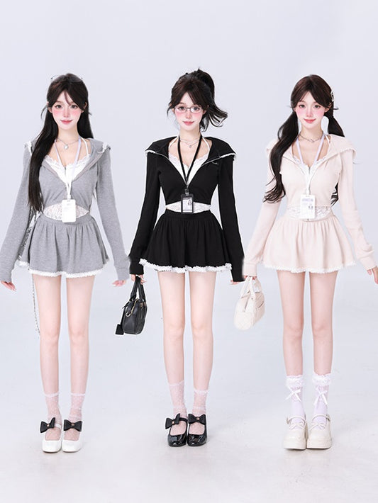 Kiki Idol Trainee Gray Black Hoodie & Skirt Two Piece Set - Sugarplum Store