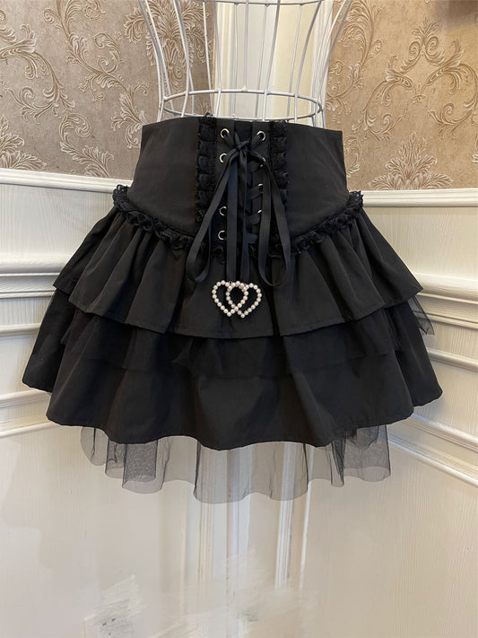 Sweetheart Princess Gothic Black Cake Layered Lace High Waist Mini Skirt - Sugarplum Store