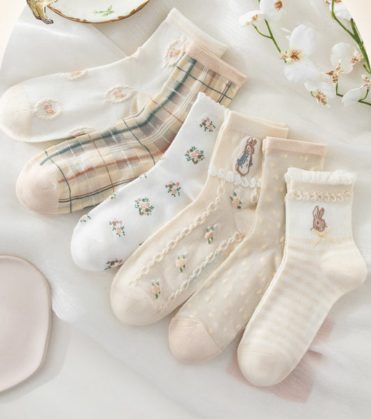 Cottagecore Floral Rabbit Soft Cream Brown Cotton Socks 6 Patterns Pairs Sets