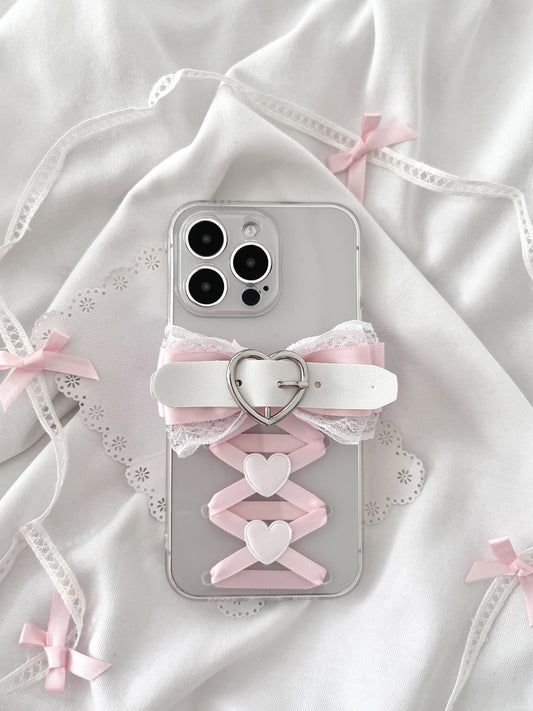 Sweet Coquette Balletcore Pink Bow Heart Handmade Transparent Silicone Phone Case