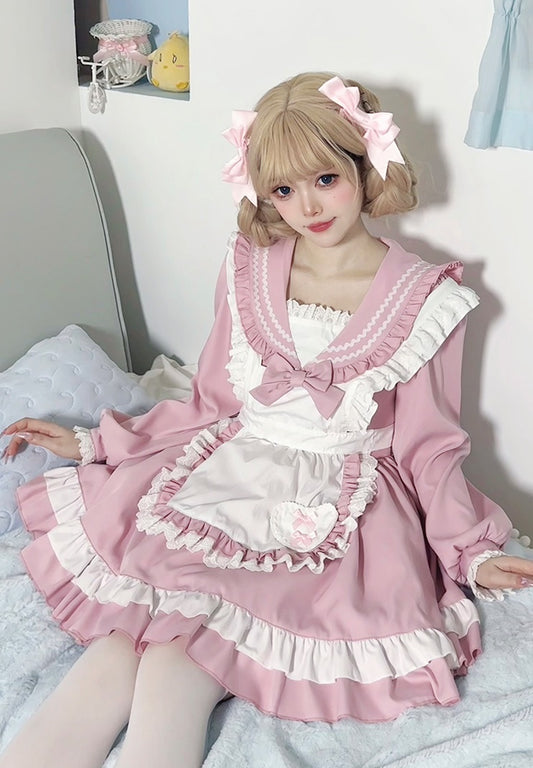 Serendipity Lolita Cosplay Blue & Pink Lace Ruffled Apron Maid Dress