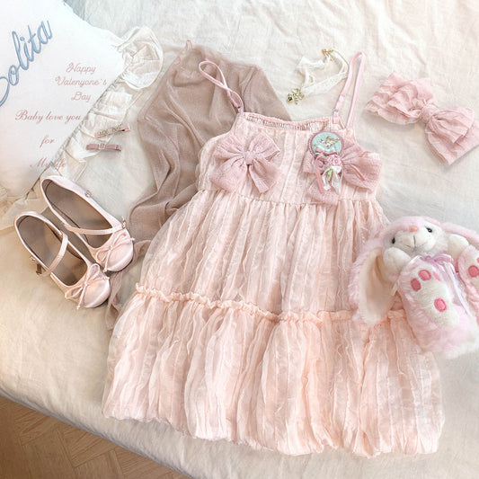 Dormir Doll Cream Bow Chiffon PInk Blue Ruffled Strap Dress - Sugarplum Store