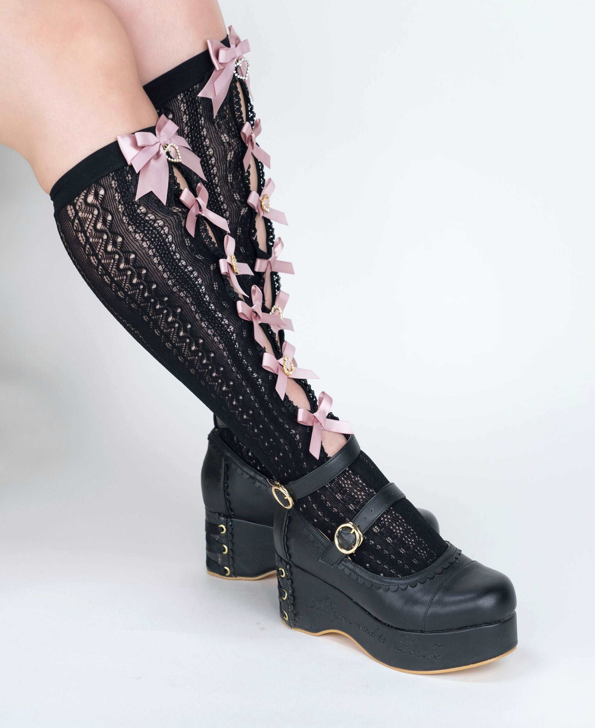Elegant Princess EGL Black White Pink Hollow Bow Knee High Socks