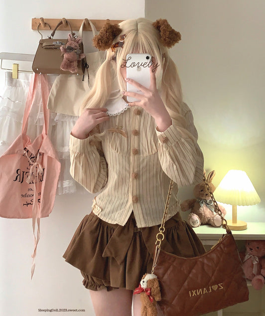 Dormir Doll Dachshund Puppy Bengal Stripe Doll Collar Beige Pink Shirt & Brown Shorts Two Piece Set