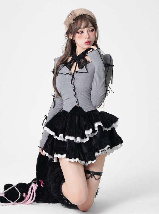 Young Eyes Gray Bow Shirt Top & Corduroy Black Ruffled Cake Skirt Two Piece Set - Sugarplum Store