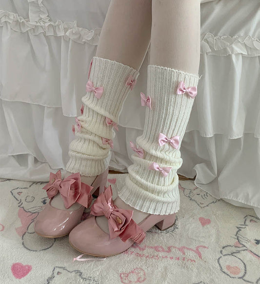 Sweet Lolita Coquette Bow Pink & White Knit Leg Warmers - Sugarplum Store