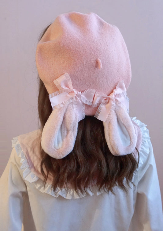 Cute Autumn Fall Handmade Lolita Brown Black Pink Lop Eared Rabbit Polka Dot Bow Wool Beret Hats - Sugarplum Store