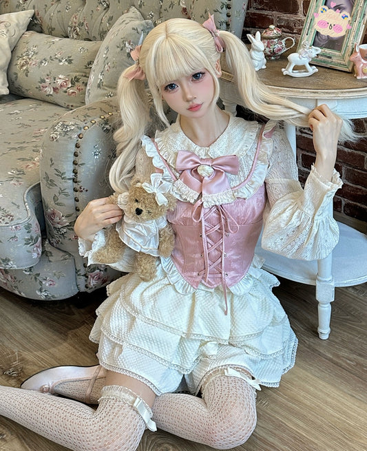 Coquette Fleur Girl Lace Pink Blouse Top & Vest & Skirt Three Piece Set - Sugarplum Store