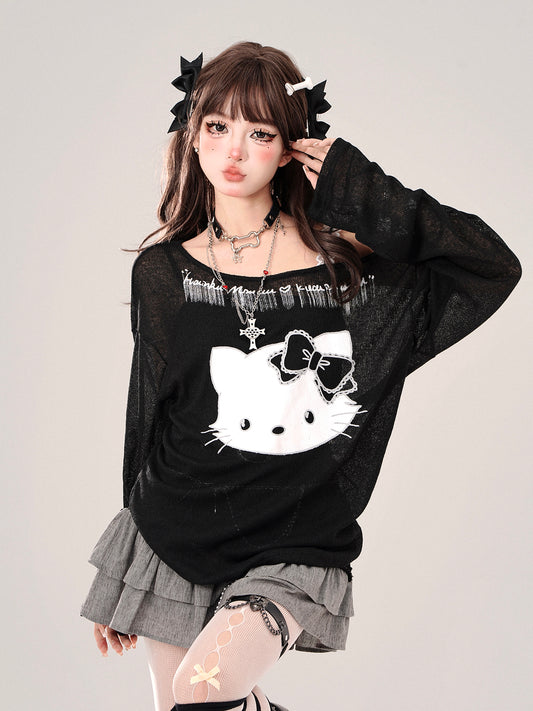 Young Eyes Lazy Kitty Cat Black & Gray Off Shoulder Top - Sugarplum Store
