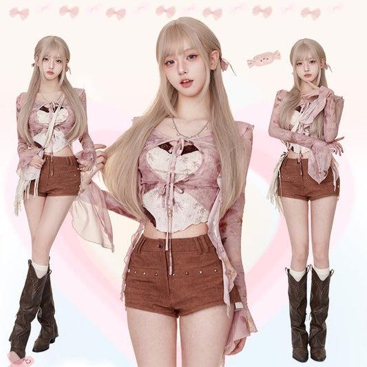 Serendipity Broken Butterfly Pink Cardigan & Camisole & Brown Shorts Three Piece Set - Sugarplum Store