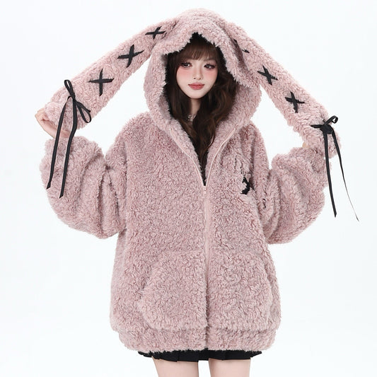 Crazy Girl Patchwork Bunny Pink White Rabbit Ears Jacket Hoodie - Sugarplum Store