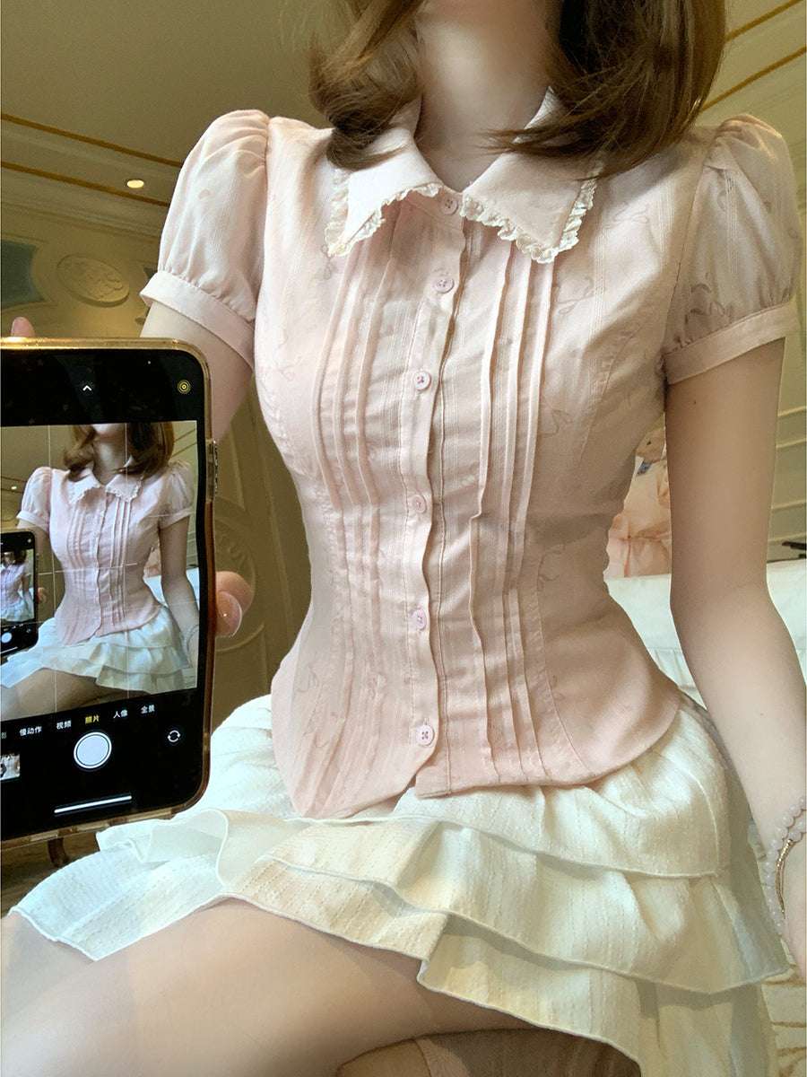 Creamy Cute Sakura Senpai Pink Shirt Top & Gray Dress Two Piece Set