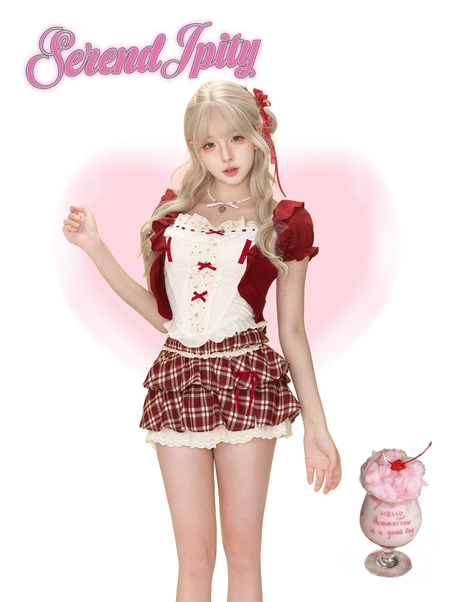 Serendipity Cherry Wine Camisole Top & Red Cardigan & Plaid Skirt Three Piece Set - Sugarplum Store