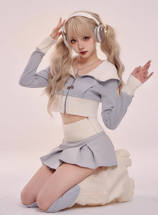 Serendipity Autumn Blue Zip Up Hoodie Jacket & Pleated Mini Skirt & Leg Warmers Three Piece Set - Sugarplum Store