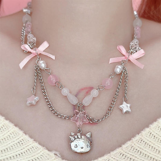 Coquette Bow Star Kitty Pendant Necklace - Sugarplum Store