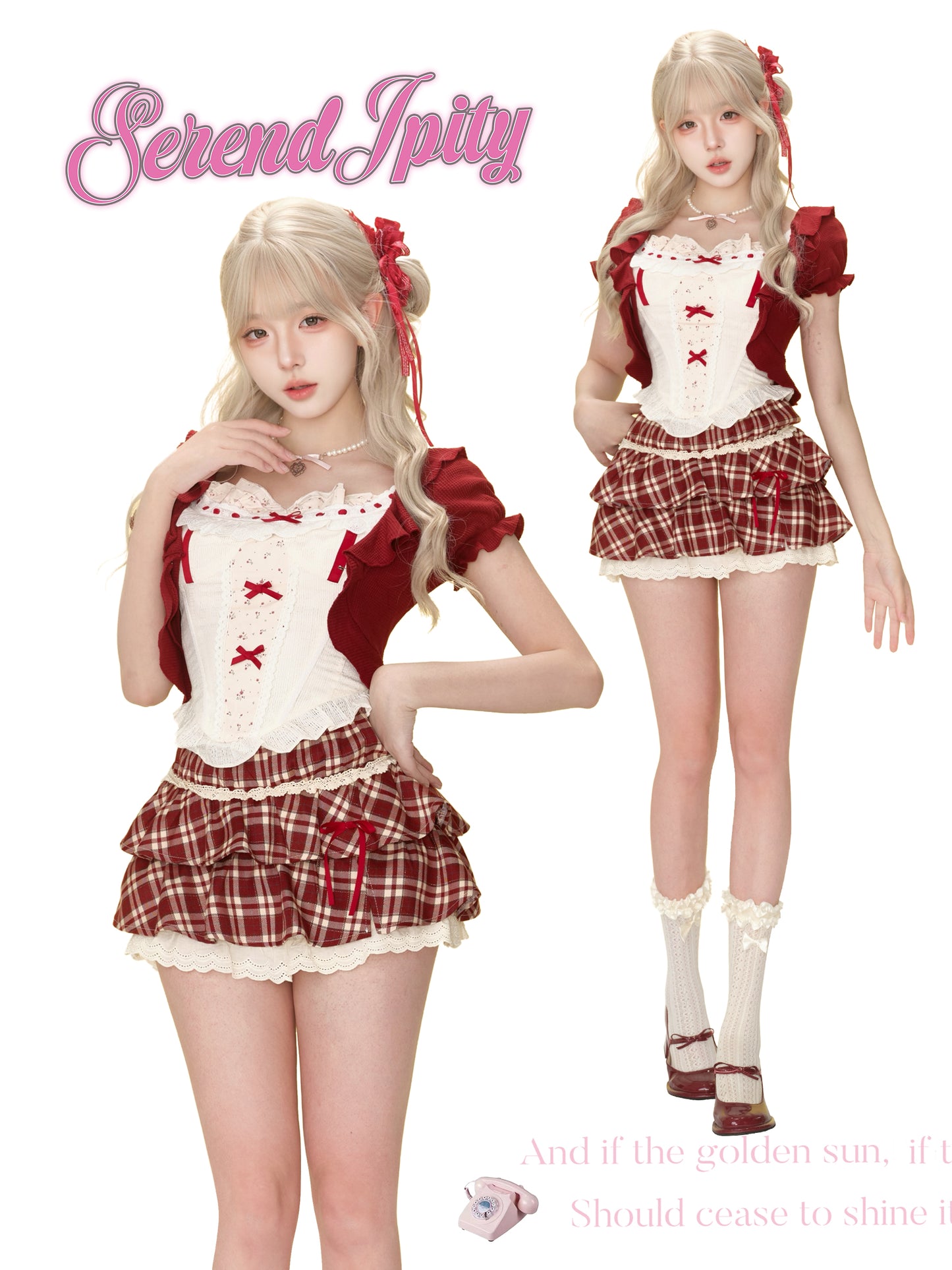 Serendipity Cherry Wine Camisole Top & Red Cardigan & Plaid Skirt Three Piece Set - Sugarplum Store