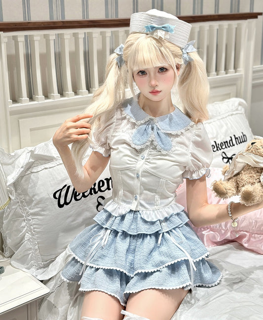 Sea Salt Bubble Milk White Blouse Top & Blue Skirt Two Piece Set - Sugarplum Store