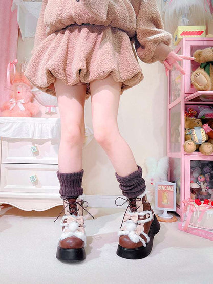Beauty Bunny Bow Fur Thick Warm Pink Black Brown Lolita Winter Boots Shoes