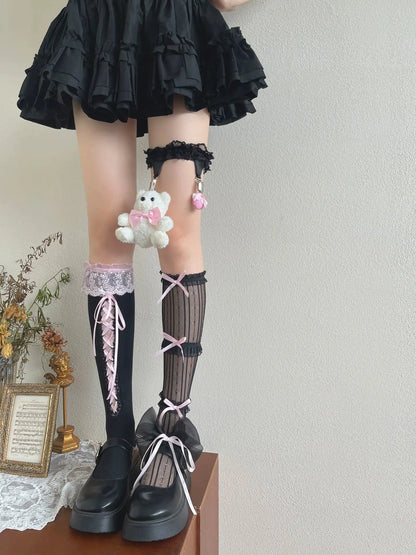 Noble Festival Pink Black Blue Red Lace Socks & Bear Garter