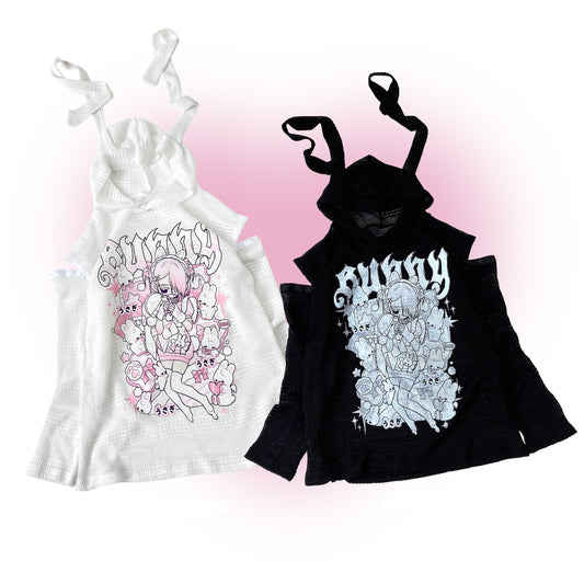Kitten Bullet Doll Dependence Black & White Hollow Knit Sweater Hoodie Top - Sugarplum Store