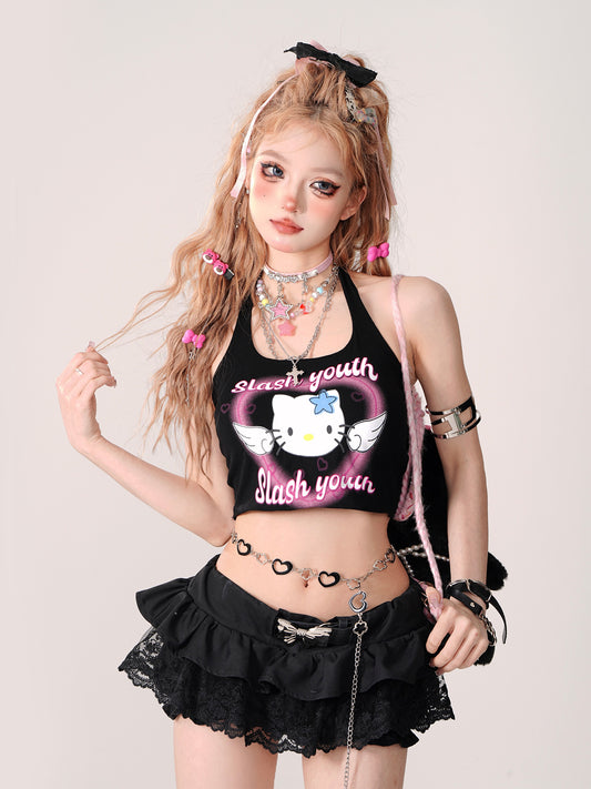 Young Eyes Y2K Summer Angel Kitty Cat Graphic Halter Neck Tank Top Camisole