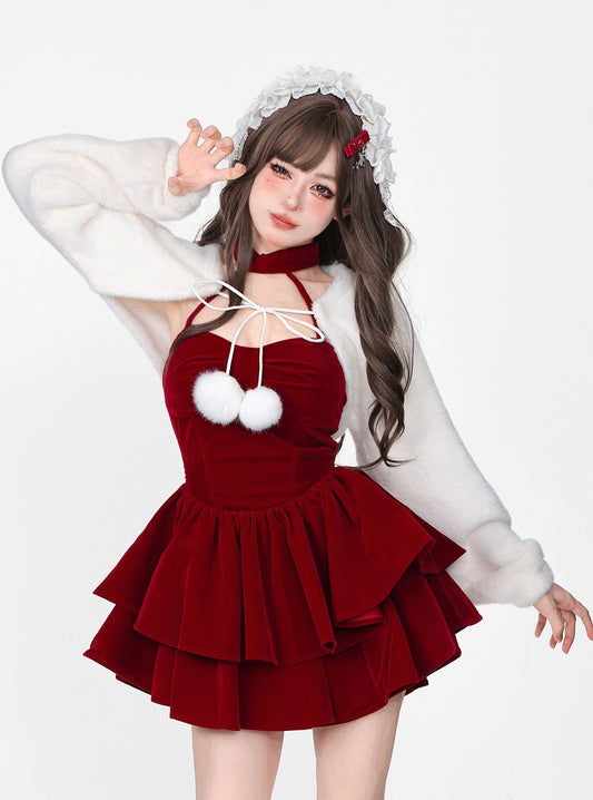 Young Eyes Winter Elf Princess Red Velvet Halter Neck Dress & Little White Jacket Two Piece Set - Sugarplum Store