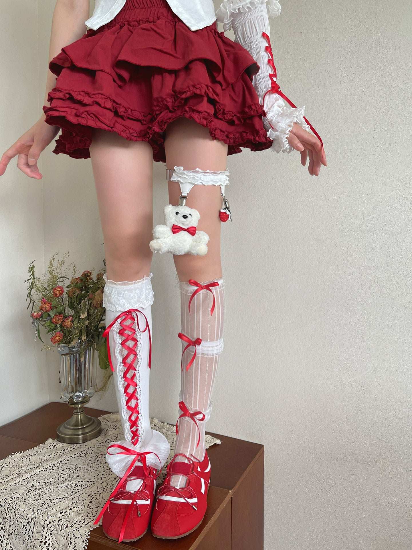 Noble Festival Pink Black Blue Red Lace Socks & Bear Garter