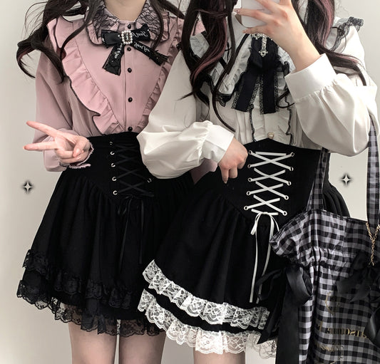 Kitten Bullet Jirai Kei Rose Flower Wall Lace Doll Collar White Blue Pink Shirt Blouse - Sugarplum Store