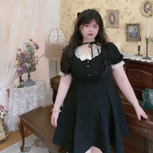 Plus Size Cute Sweet Lace Square Neck Little Black Dress