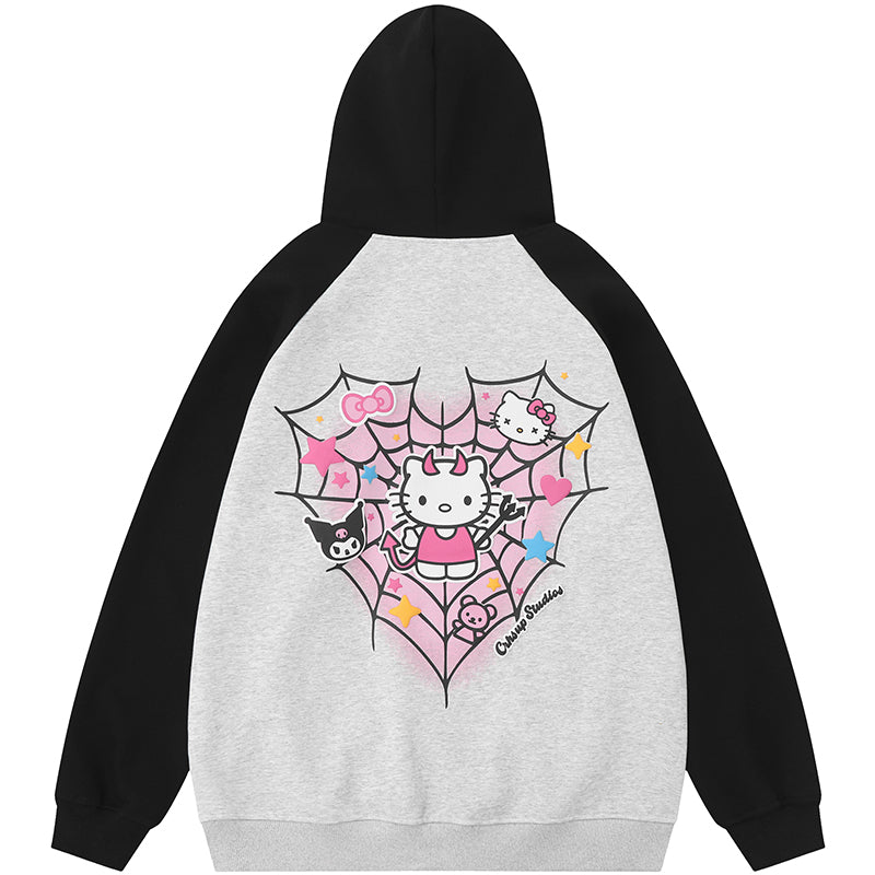Kitty Cat Spider Web Y2K Pink Black Cartoon Print Sweatshirt Kitty Cat Spider Web Y2K Pink Black Cartoon Print Sweatshirt