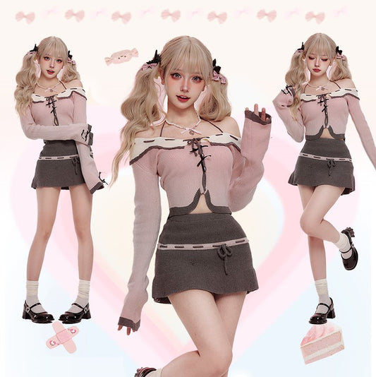 Serendipity Fall Mist Poetry Knit Pink Off Shoulder Sweater & Gray Skirt Two Piece Set - Sugarplum Store