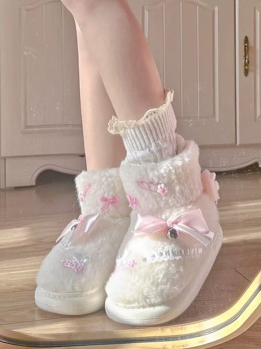 Cute Winter Plush Pink Bow Baby Lace White Snow Boots