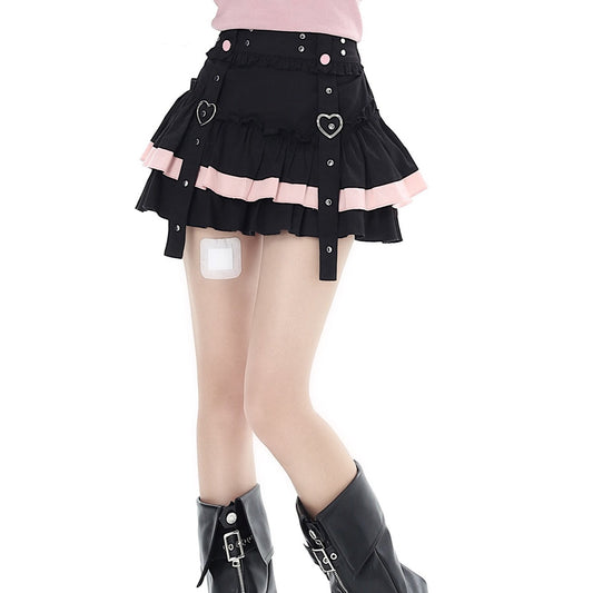 Crazy Girl Taotao Oolong Heart Black Pink Ruffle Short Skirt - Sugarplum Store