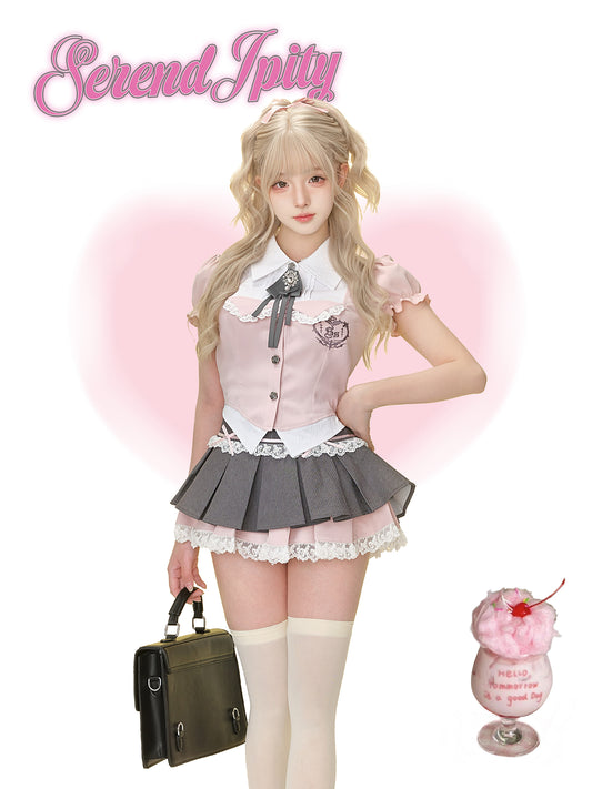 Serendipity College Department Sakura Pink Top & Gray Skirt Two Piece Set - Sugarplum Store