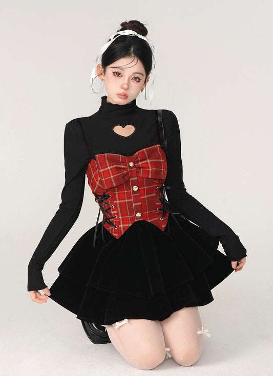 Young Eyes Winter Black Hollow Heart Shirt & Red Plaid Velvet Strap Dress Two Piece Set - Sugarplum Store
