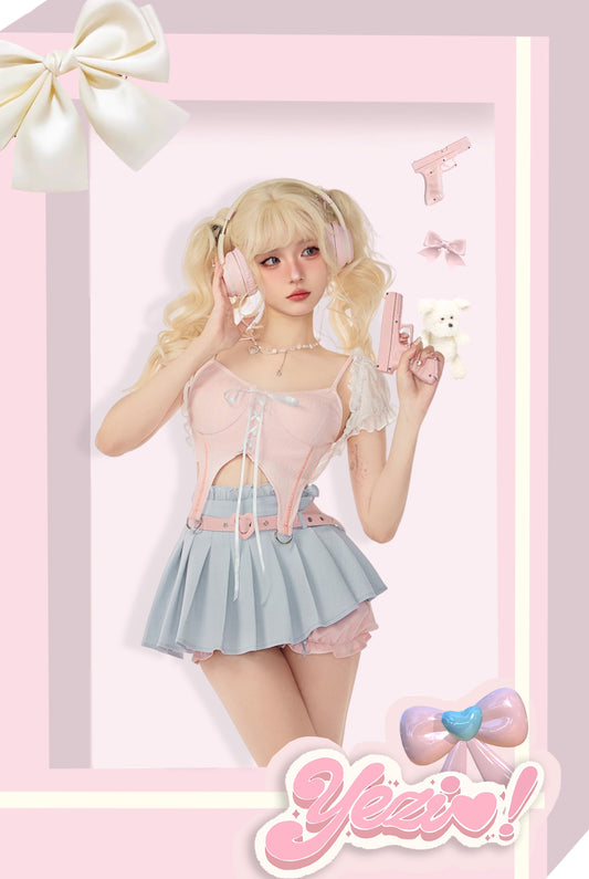 Serendipity Coquette White Sheer Little Cardigan & Pink Sexy Strap Camisole & Blue Pleated Mini Skirt Three Piece Set - Sugarplum Store