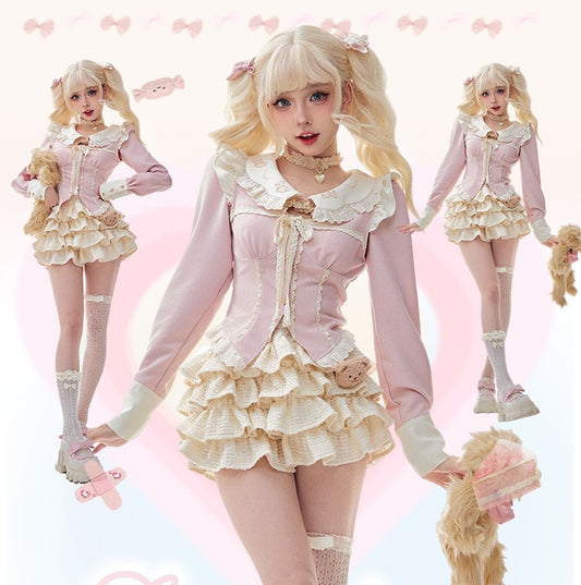 Serendipity Sweet Coquette Princess Pink Long Sleeve Shirt Suit Top & White Skirt Two Piece Set