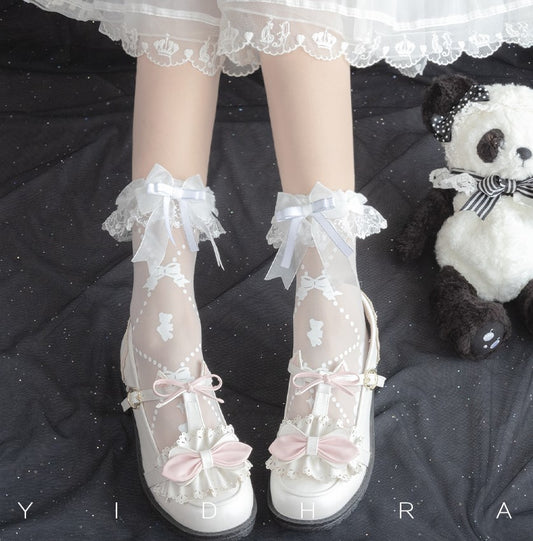 Dream Witch Gummy Bear and Toffee Rabbit Lolita Black White Lace Socks