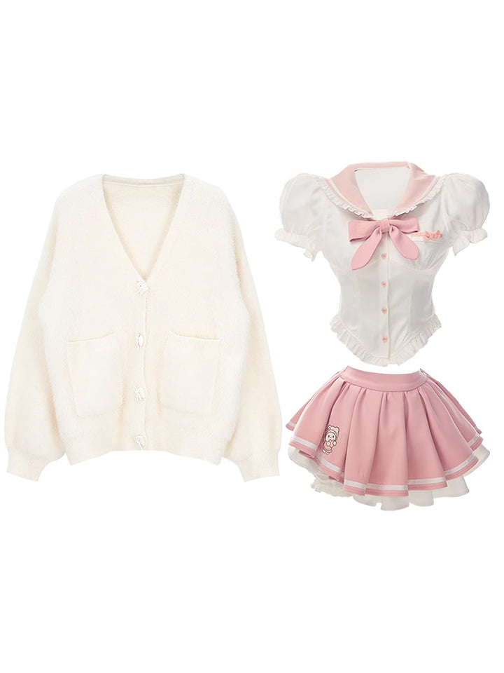 Serendipity Winter Peach Pink Sweater Top & Fur Plush White Suspender Dress Two Piece Set