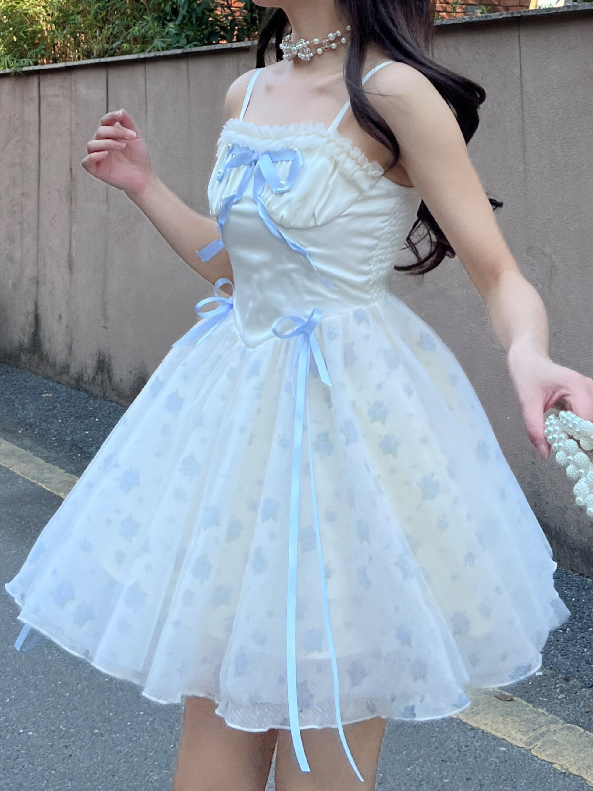 Ruellia Rococo Girl Blue Floral White Strap Dress Sugarplum Store Ruellia Rococo Girl Blue Floral White Strap Dress Sugarplum Store