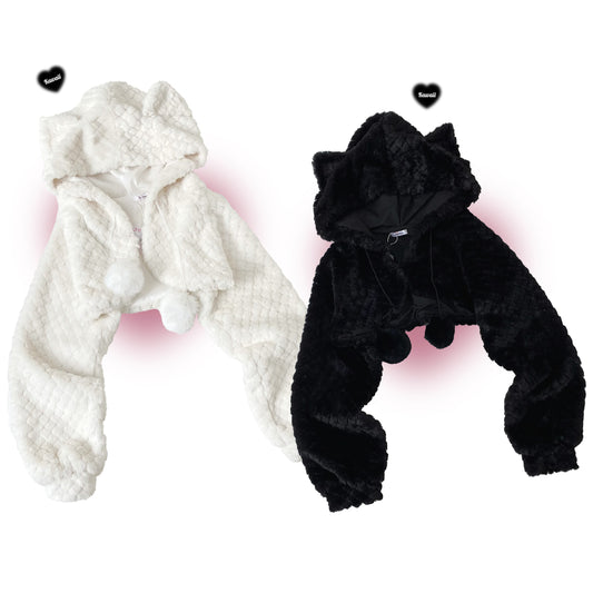 Kitten Bullet Plush Devil Cat Ears Black & White Short Jacket - Sugarplum Store