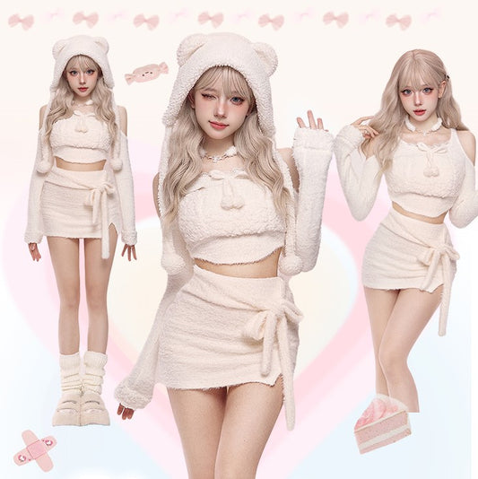Serendipity Autumn White Polar Bear Plush Sweater Top & Mini Skirt & Hat Three Piece Set - Sugarplum Store