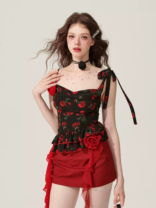 Young Eyes Blazing Rose Black Cami Top & Red Skirt Two Piece Set - Sugarplum Store