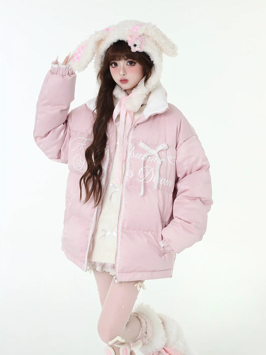 Crazy Girl Coquette Bow Black Pink Puffer Jacket - Sugarplum Store