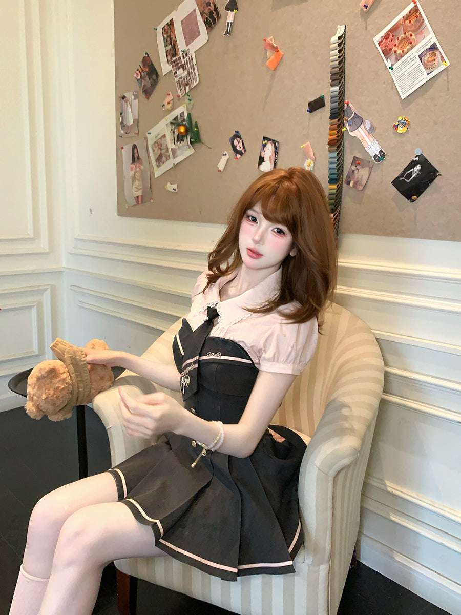 Creamy Cute Sakura Senpai Pink Shirt Top & Gray Dress Two Piece Set